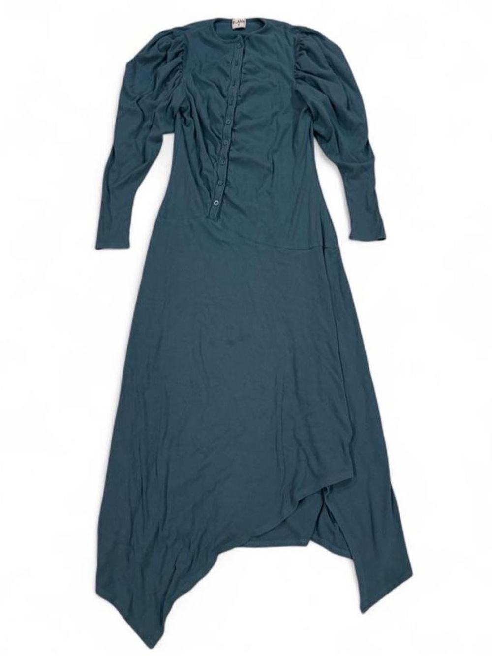 Blank NYC blue ribbed knit maxi dress with puffed sleeves asymmetrical hem